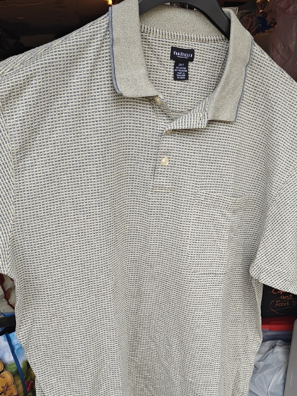 Van Heusen Men’s Short-Sleeve Polo in Light Yellow with Subtle Blue/Gray Pattern